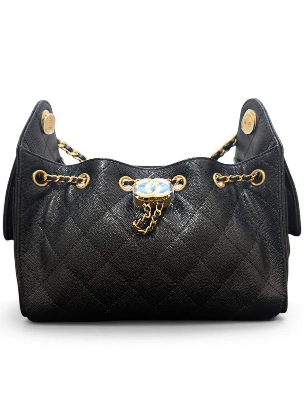 CHANEL 25 Black Caviar Quilted Shoulder Bag with Gold Chain Hardware